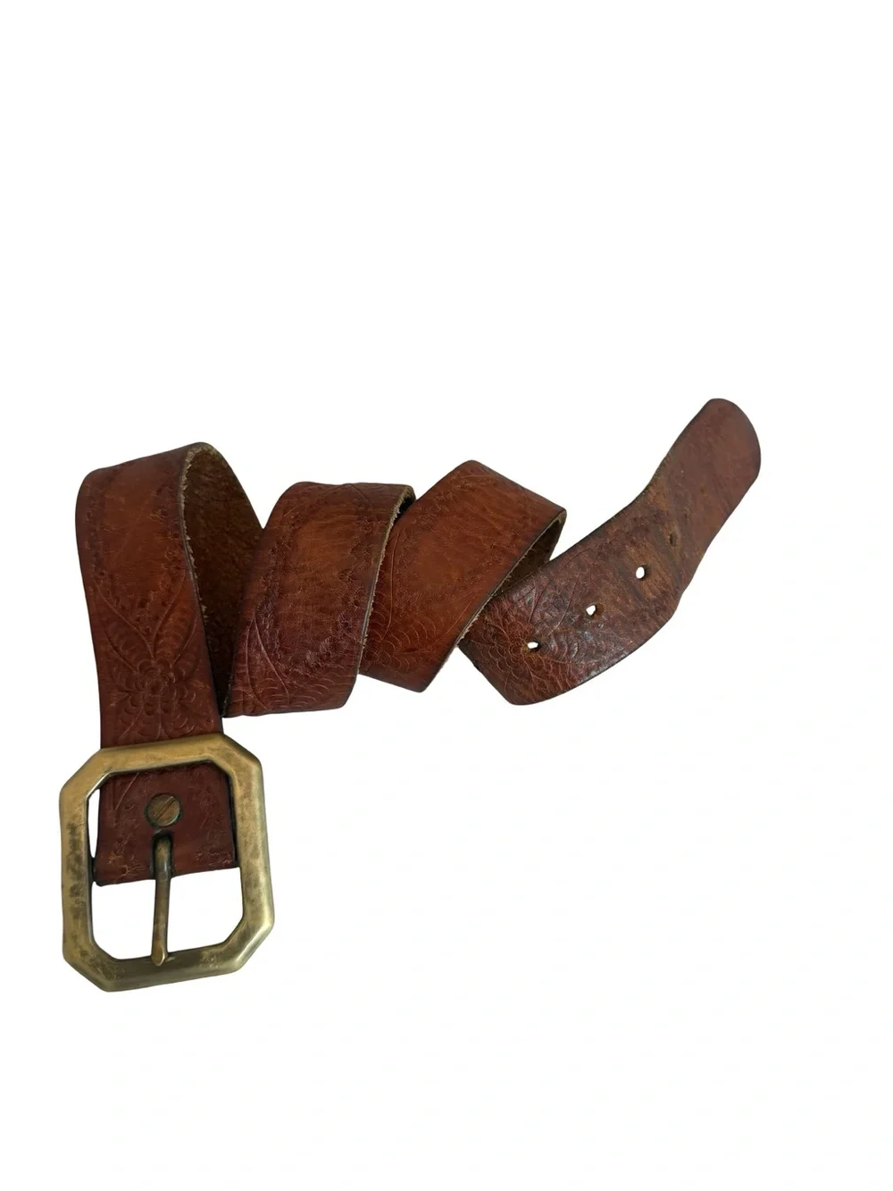 Old Stud Handmade Brown Leather Belt Embossed Floral Stamped Unique Everyday